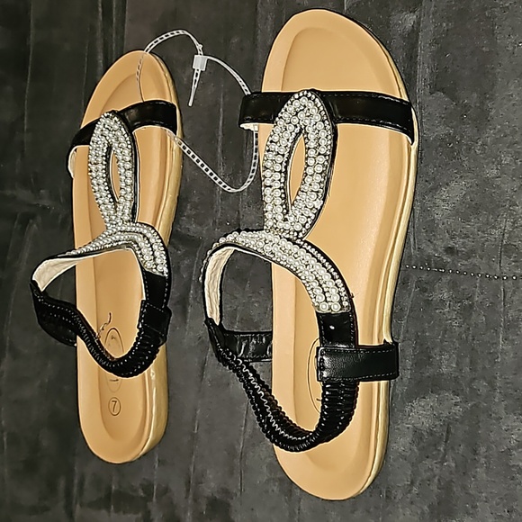 Karyn's Collection Womens Black Stretch Slip-on White Gems Pearls Sandal Size 7 - Picture 4 of 9